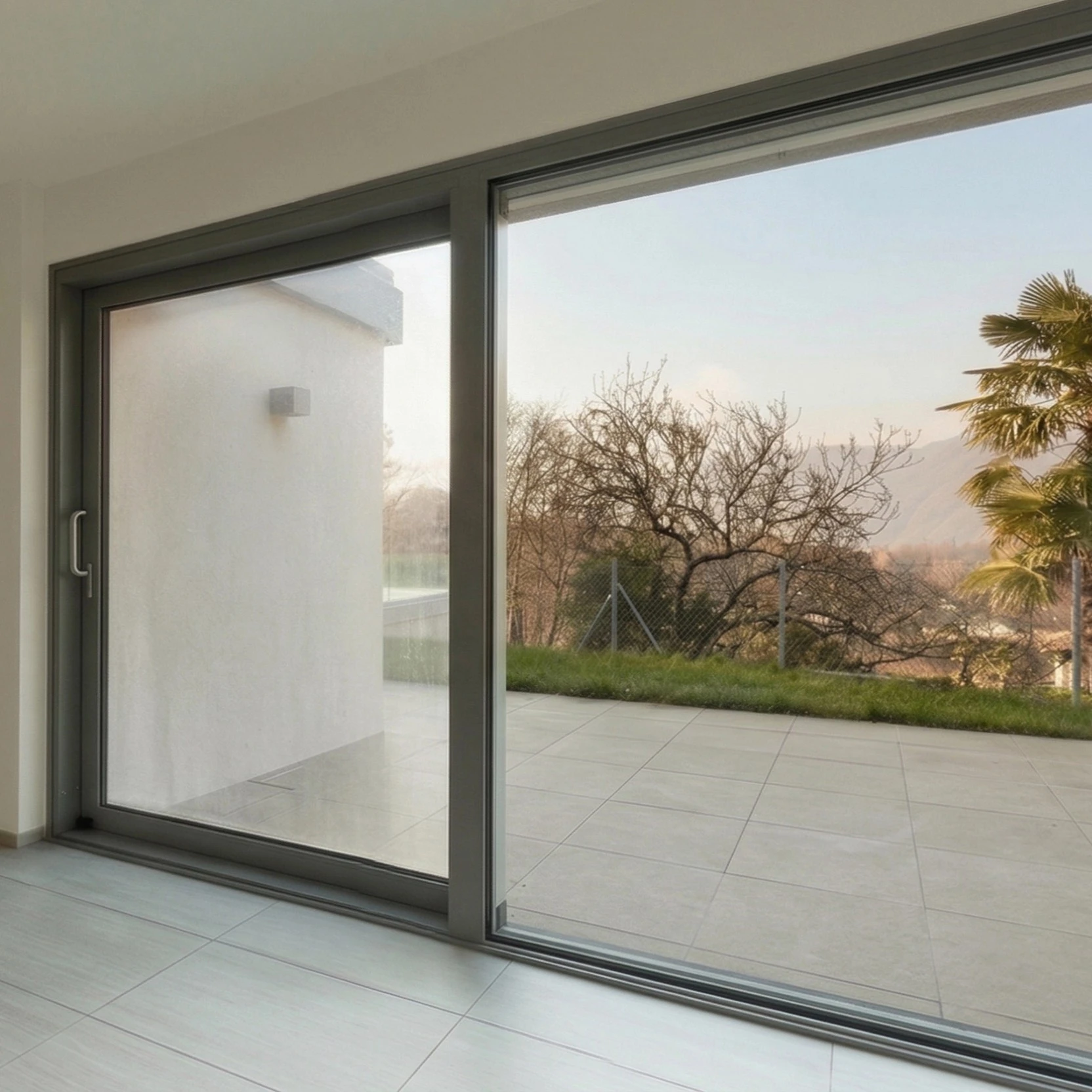 Grande baie vitrée coulissante parfaitement nettoyée